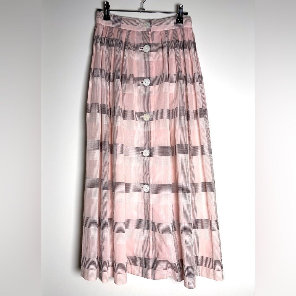 Vintage Chloé Pink Plaid Skirt – Cotton Midi – Button Front – French Cottagecore